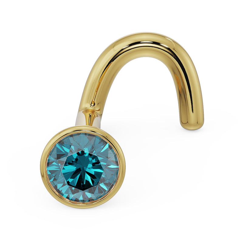 14k yellow gold 2.5mm blue diamond bezel nose ring twist style, angled front view