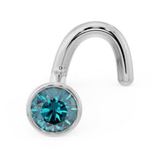 14k white gold blue diamond bezel nose ring twist post, angled side view showing curl