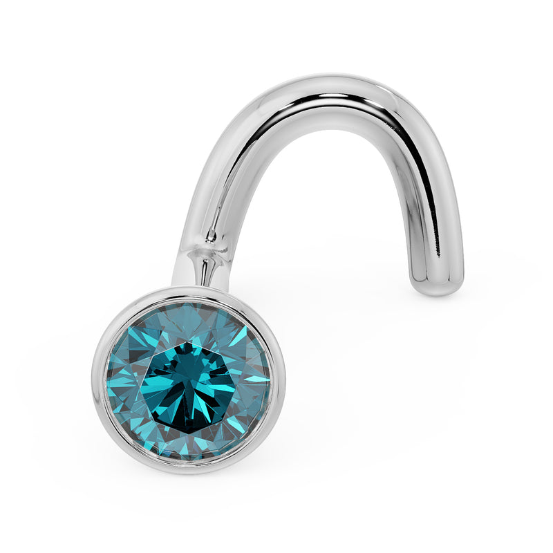 14k white gold blue diamond bezel nose ring twist post, angled side view showing curl