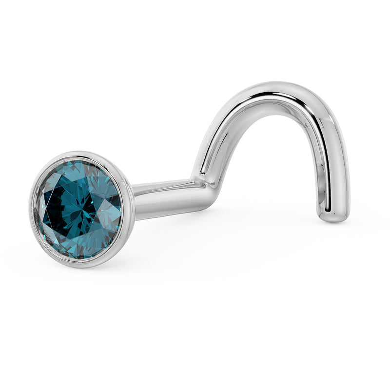 14k white gold blue diamond bezel nose stud L-post style, side profile showing post bend
