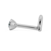 Side profile of white gold blue diamond bezel nose stud showing straight post and bone end