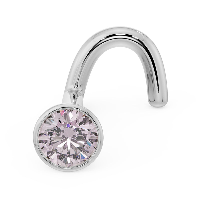 14k white gold pink diamond bezel nose ring with twist post style, angled product view