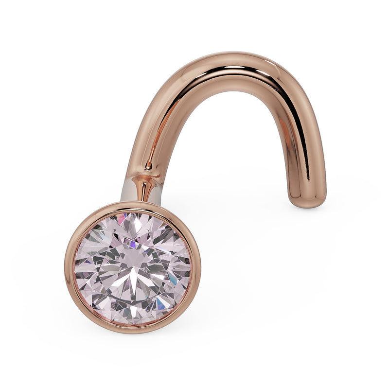 14k rose gold pink diamond bezel nose ring with twist post, angled view of warm-toned setting