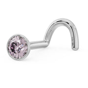14k white gold 2.5mm pink diamond bezel nose stud with screw post, side angle view