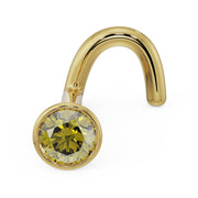 14k yellow gold twist nose stud with 2.5mm yellow diamond bezel setting, angled view