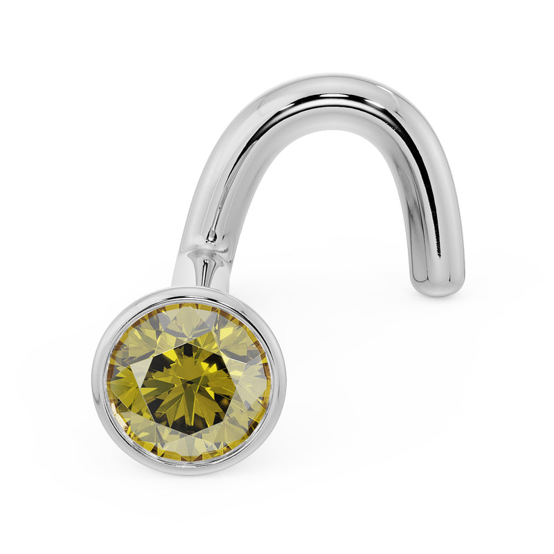 14k white gold yellow diamond bezel nose stud with twist post, angled front view