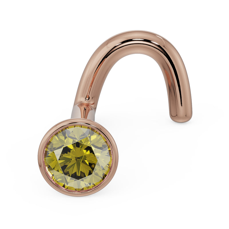 14k rose gold twist nose stud with 2.5mm yellow diamond in bezel setting, angled view