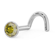Side profile of 14k white gold yellow diamond bezel nose ring showing twist post style