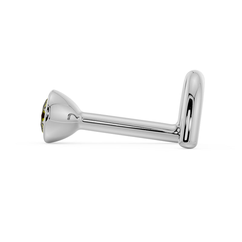 Side profile of white gold yellow diamond bezel nose stud showing L-post style and post length