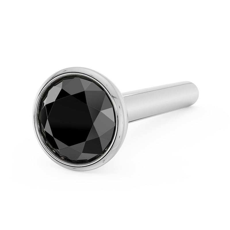 14k white gold black diamond bezel nose stud, straight post style, angled side view
