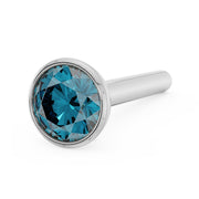 14k white gold 2.5mm blue diamond bezel nose stud straight post, angled three-quarter view