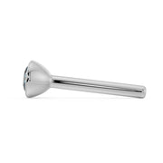 Side profile of white gold blue diamond bezel nose bone stud showing straight post length