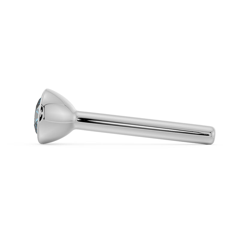 Side profile of white gold blue diamond bezel nose bone stud showing straight post length