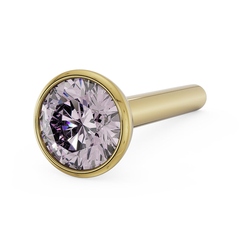 14k yellow gold pink diamond bezel nose stud with straight post, elevated front angle close-up