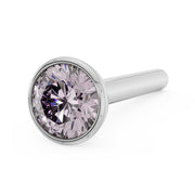 Platinum pink diamond bezel nose stud with straight post, elevated angled view of 2.5mm stone