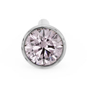 Top-down view of white gold 2.5mm pink diamond bezel nose stud showing bone-end post tip