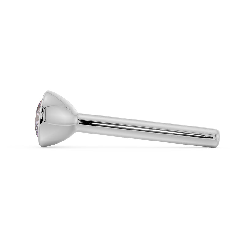 Side profile of white gold pink diamond nose bone stud showing straight post and ball end