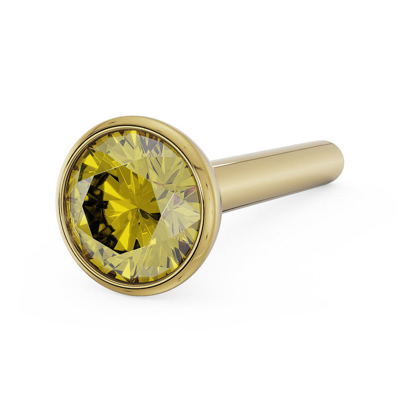 14k yellow gold yellow diamond bezel nose stud with straight post, front-angled close-up