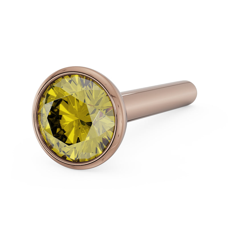 14k rose gold yellow diamond bezel nose stud with straight post, front-angled close-up