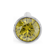 Overhead close-up of 2.5mm yellow diamond bezel nose stud in white gold, straight post visible
