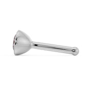 Side profile of 14k white gold pink diamond nose bone stud showing full post length and ball end