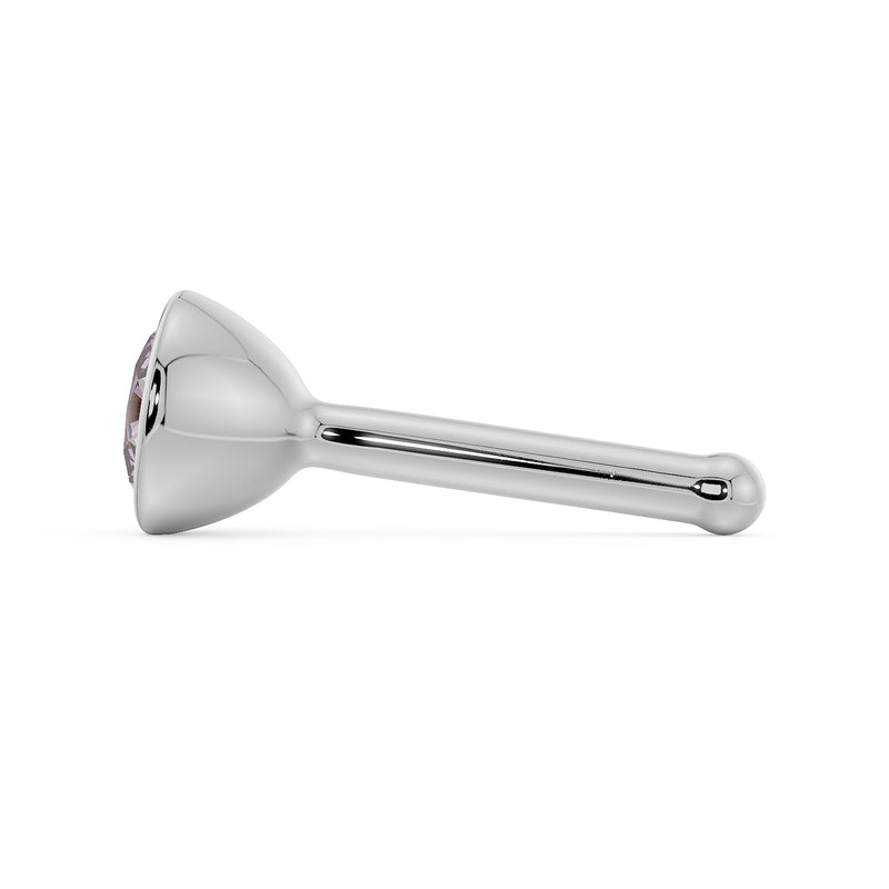 Side profile of 14k white gold pink diamond nose bone stud showing full post length and ball end
