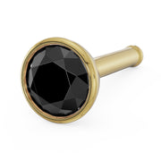 14k yellow gold black diamond bezel nose bone stud, angled view showing straight bone post