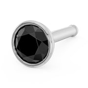 14k white gold black diamond bezel nose bone stud, angled view showing straight bone post