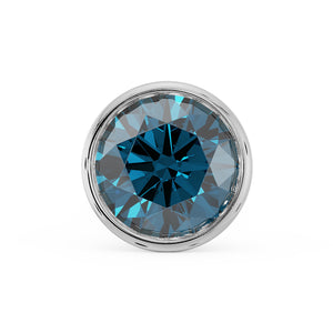 Close-up front view of 3mm blue diamond in white gold bezel setting, showing facets and depth