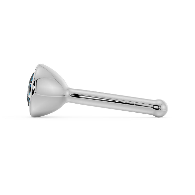 Side profile of white gold blue diamond bezel nose bone stud showing ball-end post style
