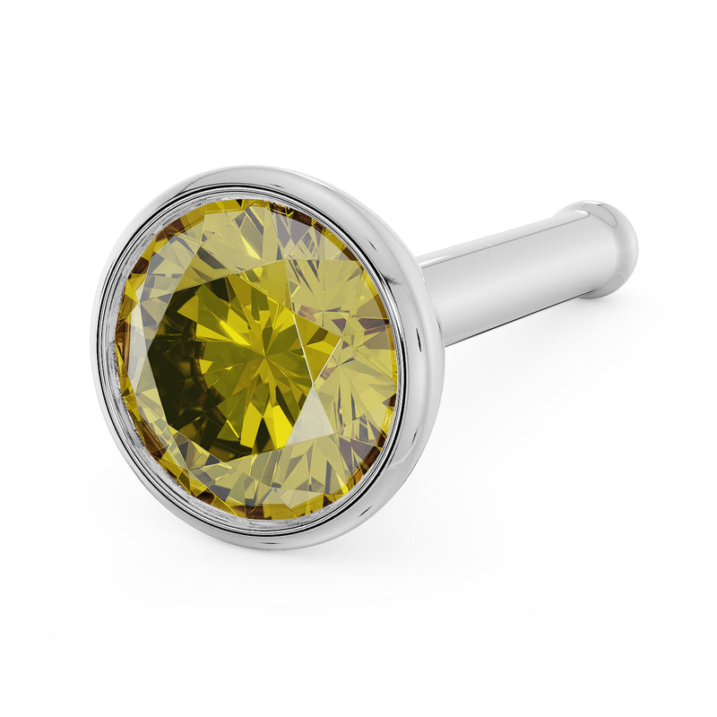 14k white gold 3mm yellow diamond bezel nose stud with straight bone post, angled view