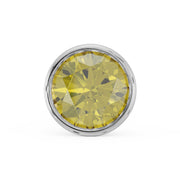 Close-up front view of 3mm yellow diamond in white gold round bezel setting