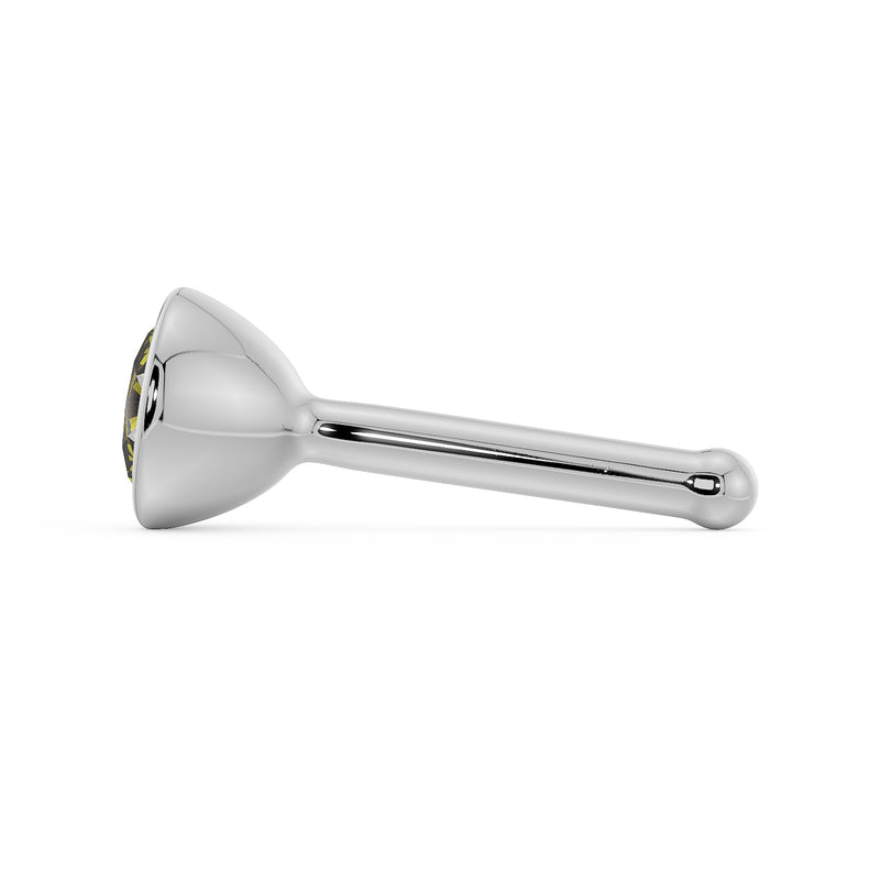 Side profile of white gold yellow diamond nose stud showing bone post style and straight pin
