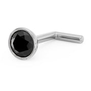 14k white gold black diamond bezel nose stud with L post style, front-angled product view