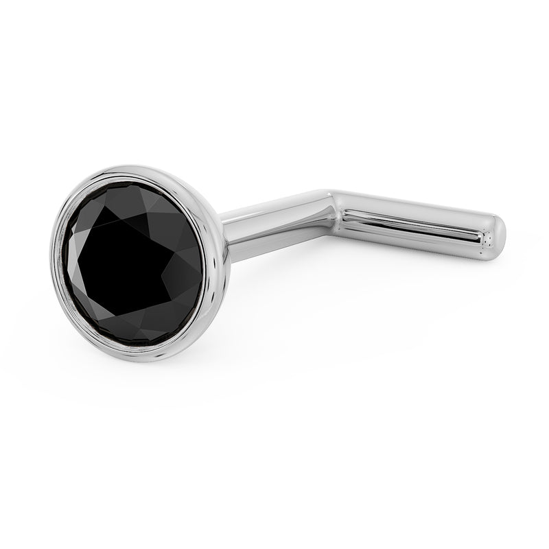 14k white gold black diamond bezel nose stud with L post style, front-angled product view