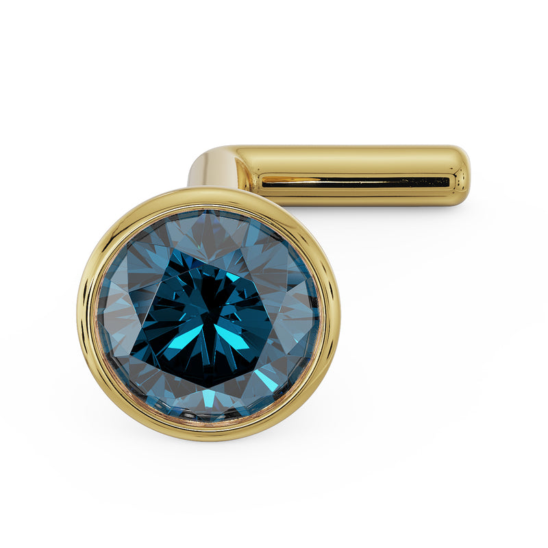 14k yellow gold 3mm blue diamond bezel nose stud with bone post, angled front view