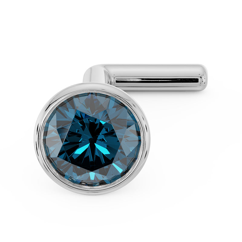 14k white gold 3mm blue diamond bezel nose stud with bone post, angled front view