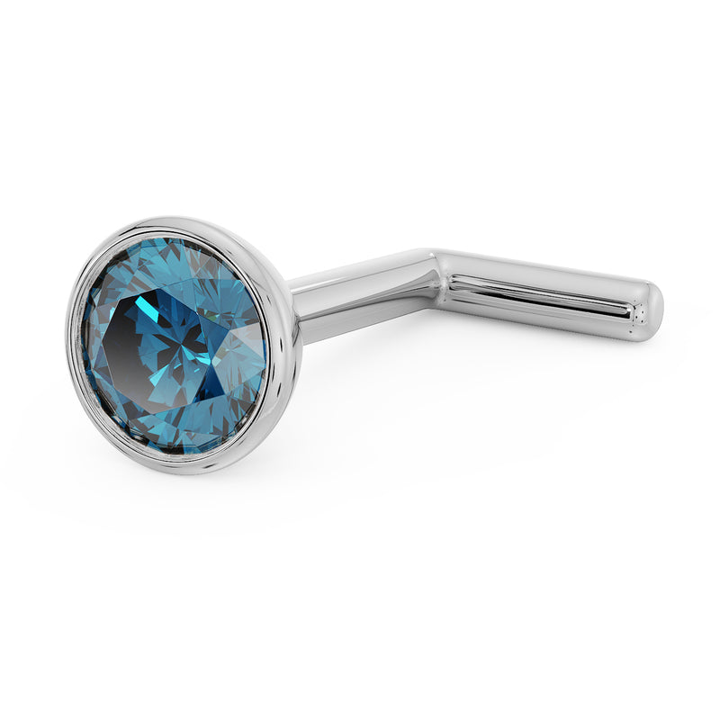 White gold 3mm blue diamond bezel nose stud with L-post, angled side view showing post bend