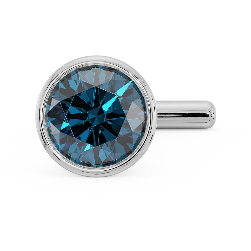Front view of white gold 3mm blue diamond bezel nose stud with straight post, diamond face-up