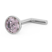 14k white gold pink diamond bezel nose stud with L-post style, angled side view showing post bend