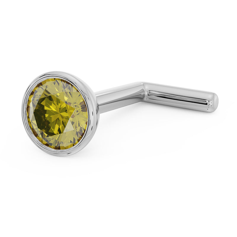 14k white gold 3mm yellow diamond bezel nose stud with L-post style, side angle view