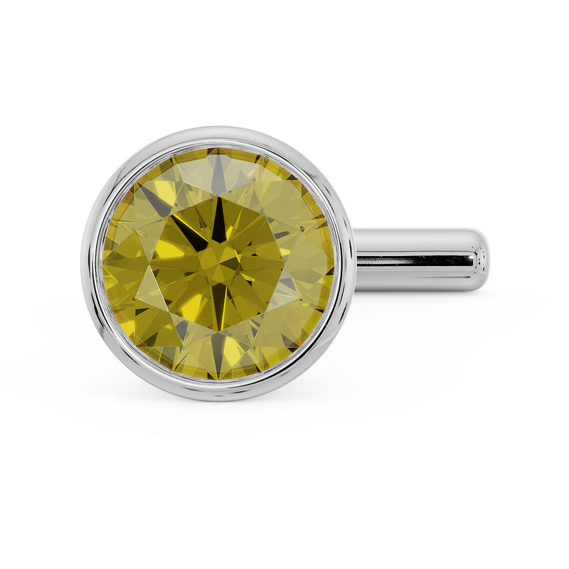 Close-up top view of 3mm yellow diamond in white gold bezel setting with straight post