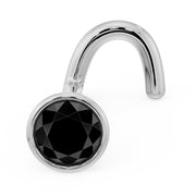 Platinum black diamond bezel nose ring twist post, angled view highlighting round bezel setting