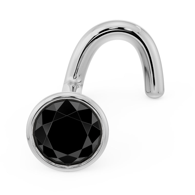 Platinum black diamond bezel nose ring twist post, angled view highlighting round bezel setting