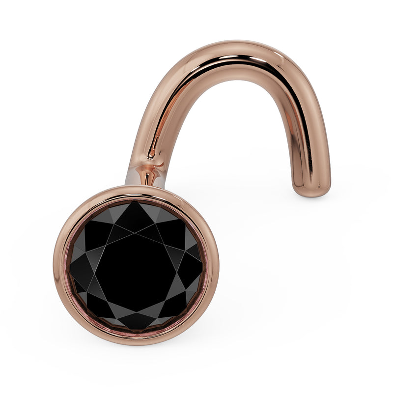 14k rose gold black diamond bezel nose ring twist style, angled view showing curved post