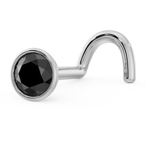 14k white gold black diamond bezel nose ring with twist post style, side profile view