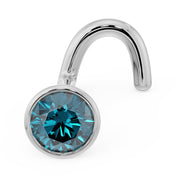 14k white gold 3mm blue diamond bezel nose stud with twist post, full angled view