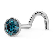 Side profile of 14k white gold blue diamond bezel nose stud showing twist post shape and depth