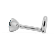 Side profile of white gold blue diamond bezel nose stud showing L-post style and flat backing