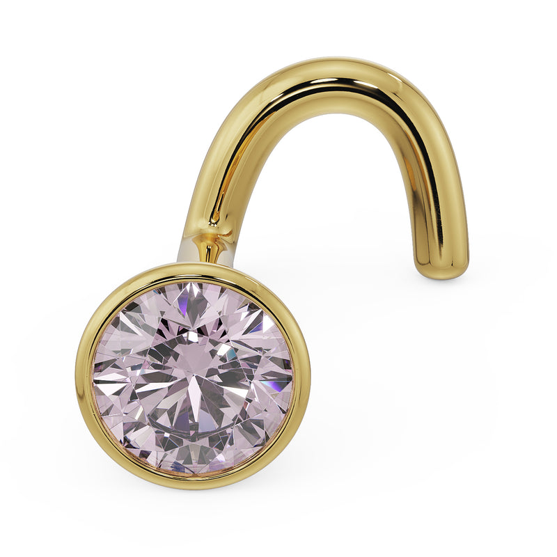 14k yellow gold 3mm pink diamond bezel nose ring with twist screw post, angled front view
